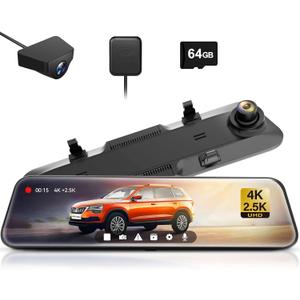 WOLFBOX G900 Rear View Mirror Camera, Mirror Dash Cam 4K Front and 2.5K Rear, Smart Full 12 Touch Screen, Backup Camera for Car, GPS, WDR, Night Vision, Included 64GB Card