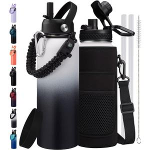 40 oz Insulated Water Bottle with Straw & Spout Lids, Paracord Handle, Bottle Holder with Strap, 40 oz Stainless Steel Water Bottle Cold for 48H, Vacuum Metal Thermal Flask for Work Travel (White Black)