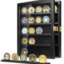 TJ.MOREE Military Challenge Coin Display Case, Coin Display Holder Wall Mount with Removable Shelves, Shadow Box for Medals Pin Badges Buttons