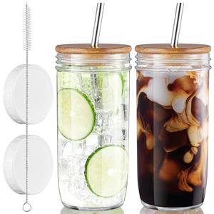 CMLKLZD Glass Cups Set - 24oz Mason Jar Drinking Glasses with Acacia Wood Lids & Straws & Airtight Lids - Wide Mouth lced Coffee Cups Boba Bottle Tumbler for Bubble Tea, Smoothie - 4 Pack