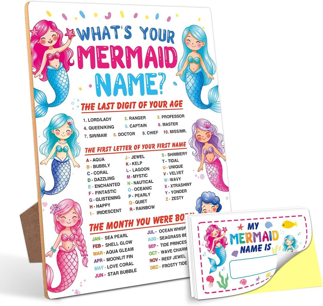 Mermaid Decorations for Birthday Party Game, What is Your Mermaid Name,68 Wooden Play Sign with Stand and 30 Name Stickers Set