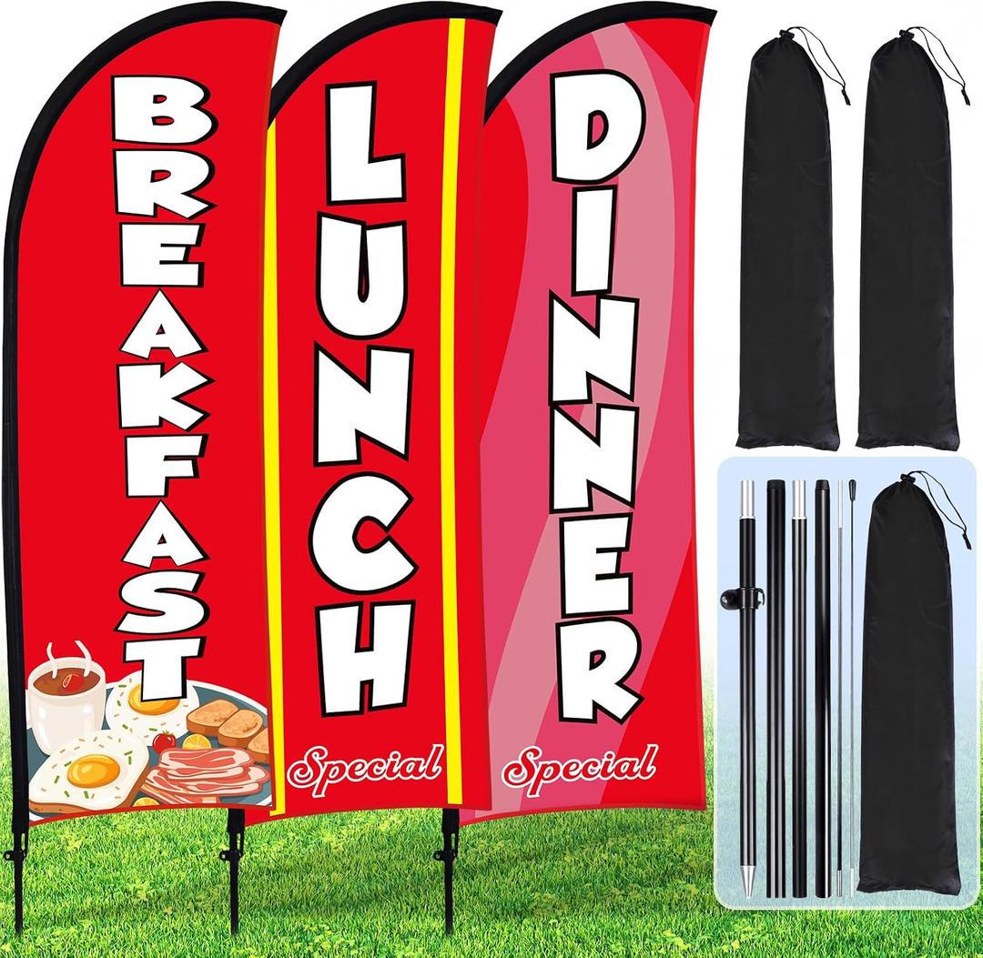 Buryeah 3 Sets Breakfast Lunch Dinner Feather Flags for BBQ Restaurant Advertising Breakfast Flag with Pole Ground Stake and Banner for Outside Ground(Red)