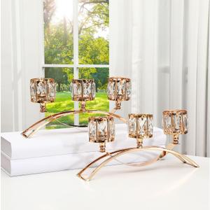 Remerry 2 Set Gold Crystal Candle Holders 3 Arms Crystal Bowl Tealight Candelabra Arch Candlestick Table Centerpieces for Dinning Room, Wedding, Cabinet Ornaments, Home, Anniversary Party Decor
