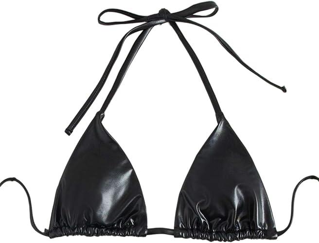Verdusa Women's Triangle Bikini Top Self Tie PU Leather Halter Swim Top M