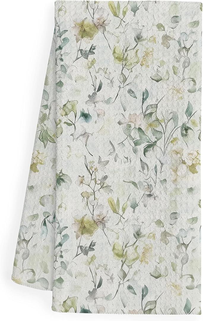 Vintage Floral Kitchen Dish Towels, Retro Watercolor Cottagecore Nature Flower Botanical Decorative Hand Tea Towels for Bathroom Kitchen, Rustic Bathroom Decor, 16x24 Inch (Green Gress)