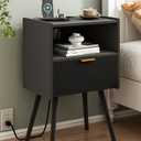 JOONEE Black Nightstand with Outlet,Modern Bedside Table with Storage Drawer and Open Wood Shelf, for Living Room, Bedroom and Small Spaces, Accent Night Stand with Solid Wood Legs, Easy Assembly