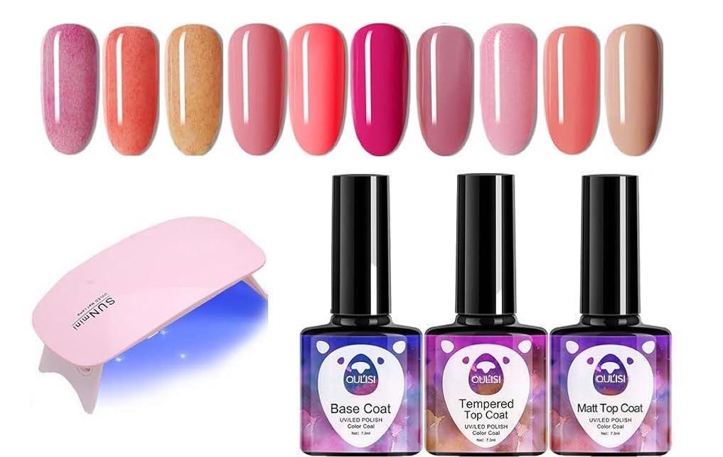OUL'ISI 14pcs Gel Nail Polish Kit, Popular Bright Nail Art Solid Sparkle Glitters Colors Manicure with UV LED Nail Lamp, Base Coat Top Coat and Matte Coat Home DIY Nail Art Design (Girlhood)