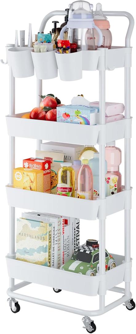 Buzowruil 4-Tier Rolling Utility Cart, Storage Cart with Handle Multi-Purpose and Locking Wheels,with Hanging Basket and Hook for Office, Kitchen, Bathroom,White