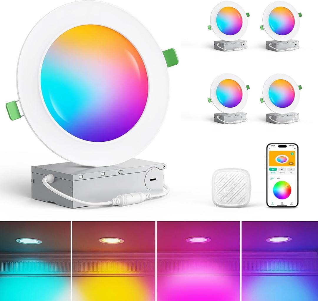 Smart Recessed Lighting 6 Inch 4 Pack, Wi-Fi Connect RGBWW LED Downlight with Junction Box, APP & Voice Control, 1100LM 12W, 2700K-6500K, Canless Downlights for Bedroom Kitchen Living Room (White and Color Ambiance)