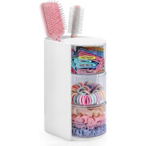 neotidy Hair Accessories Organizer with Hair Brush Holder, Rotating Hair Tie Product Organizer for Girls, 3-Tier Makeup Brush Holder for Clips, Bows & Brushes (White, 3-Tier)