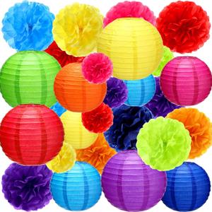 52 Pcs Mexican Fiesta Party Decorations 24 Fiesta Rainbow Tissue Paper Pom Poms 28 Hanging Paper Lanterns for Black History Festival, Cinco De Mayo Rainbow Parties Birthday Baby Shower