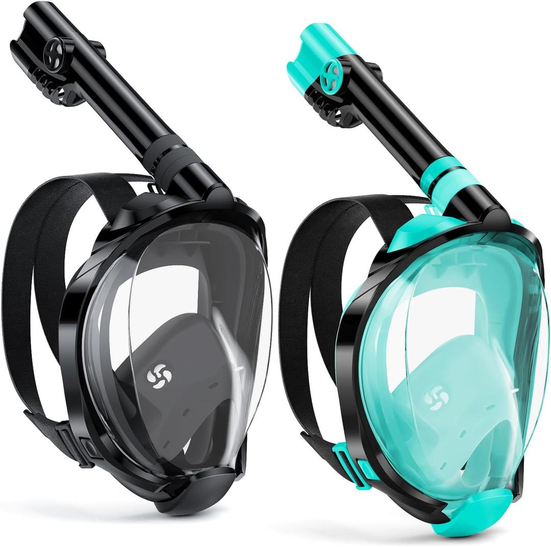 W WSTOO Full Face Snorkel Mask, Dry Top Snorkeling Gear for Adults, 180 Panoramic Foldable Design with Camera Mount, Safe Mouth/Nose Breathing, Anti-Fog & Anti-Leak (Large/X-Large, 2 Pack - All Black+Black/Green)