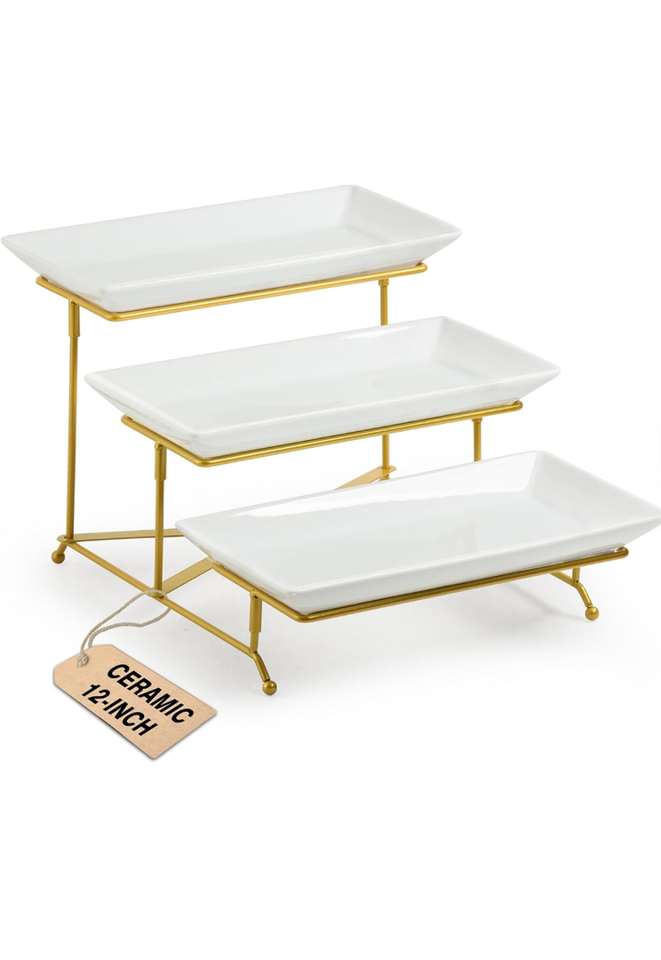 LAUCHUH 3 Tier Serving Stand Porcelain Serving Platter Tier Serving Trays with Collapsible Sturdier Rack, Serving Dishes and Platters for Valentine's Day, Christmas, Entertaining, Gold, 12 Inch