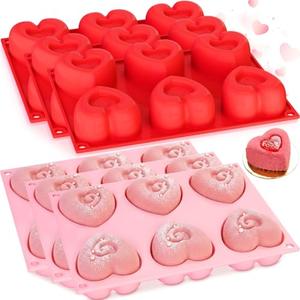 Reallnaive 6 Pcs 3D Heart Silicone Mold Bulk 6 Cavity Easy Demold Baking Pan for Love Shaped Pudding Chocolate Cake Candy Resin Soap Valentine Wedding Gift