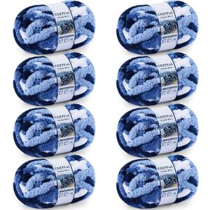 Cozyful Chunky Yarn for Hand Knitting - #10 Chunky Chenille Blanket Yarn, Jumbo Big Thick Chunky Yarns for Crocheting, Tie Dye Bulky Knit Yarns, 8 Skein (25 yds 8 oz Each Skein), Multi Blue & White