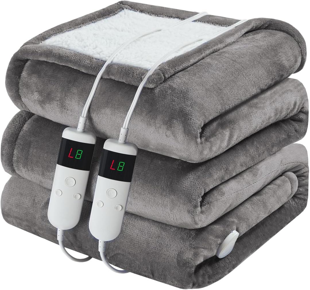 Electric Heated Blanket Queen Size 84''x90'' Soft Flannel & Sherpa Electric Blanket with 10 Heating Levels, Automatically Shut Down After 8h with Overheat Protection Machine Washable (Light Gray)
