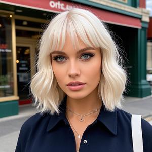 Platinum Blonde Wigs for Women Short Wavy Blonde Bob Wig With Bangs Heat Resistant Synthetic Wigs for Daily Party Cosplay Costume Wig Use