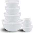 White Mixing Bowls with Lids Set of 7, Stainless Steel Nesting Bowl with Khaki Lid for Non-slip Mixing Prepping Storing Serving, 7 Sizes-7/3.6/2.7/2.1/1.5/1/0.8 QT