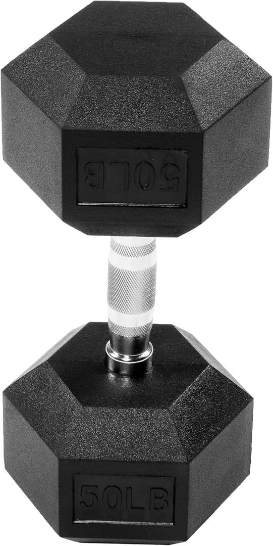 Rubber Encased Exercise & Fitness Hex Dumbbell, Hand Weights with Anti-Slip Metal Handle for Home Gym, 50lbs