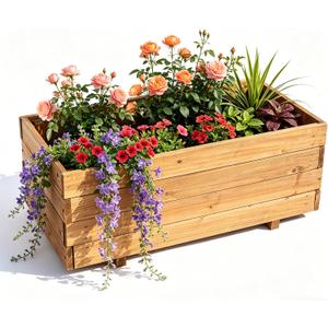 Wooden Planter Box 31.5" x 15.75" x 12.6" Fir Wood Raised Garden Bed for Vegetables, Herbs & Flowers, Includes Fabric Planter Liner, 4 Drainage Holes, Water-Based Finish, W31.5X D15.75X H12.6in