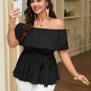 SCOMCHIC Plus Size Off The Shoulder Peplum Tops for Women Summer Ruffle Hem Blouse Chiffon Babydoll Top (Black, XXXL)
