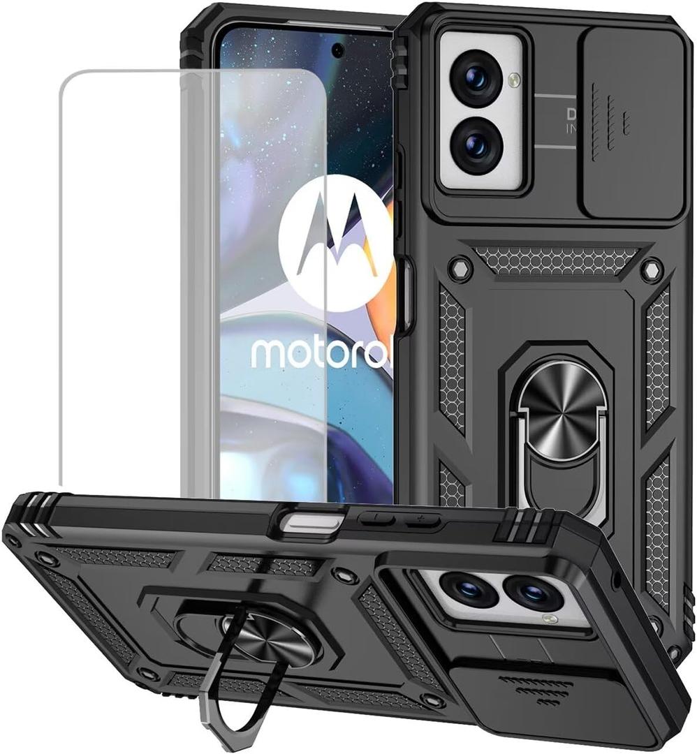for Moto G Power 2024 Case,Motorola G Power 2024 Case with Tempered Glass Screen Protector and Slide Camera Cover, Magnetic Ring Car Mount Holder Cover for Motorola Moto G Power 2024 Black
