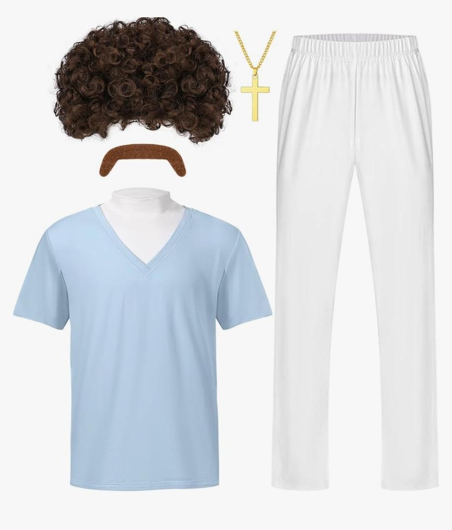 No Brand 5Pcs Halloween Wrestler Costume Blue T-shirt Pants Wig Beard Necklace for Men Halloween Cosplay Party Dress Up L