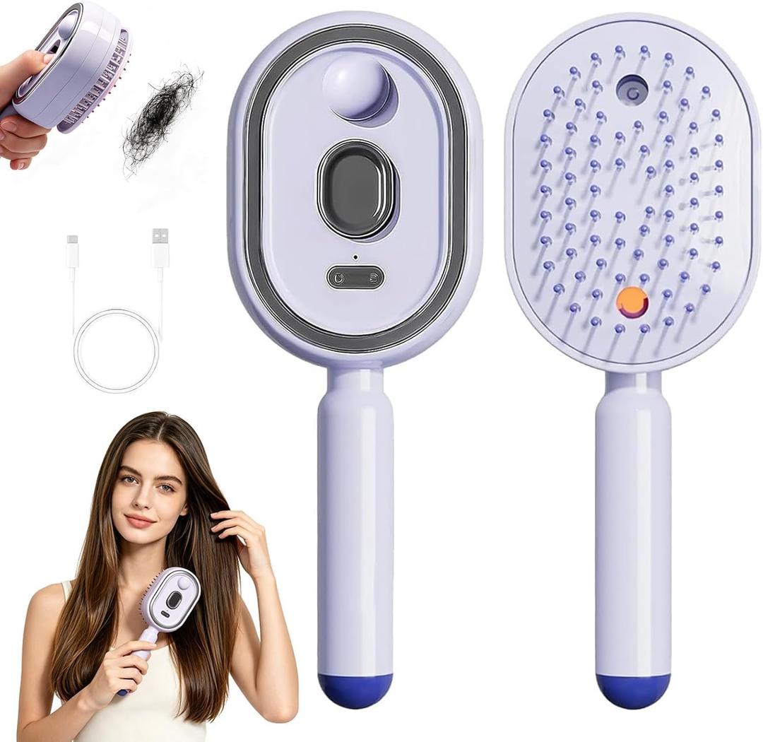 Electric Spray Air Cushion Massage Comb, Upgraded 5 in 1 Rechargeable Air Cushion Hair Brush, Retractable Self-Cleaning Steam Brush for Frizzy Hair & Scalp Care, Anti-Static & Detangling (Purple)