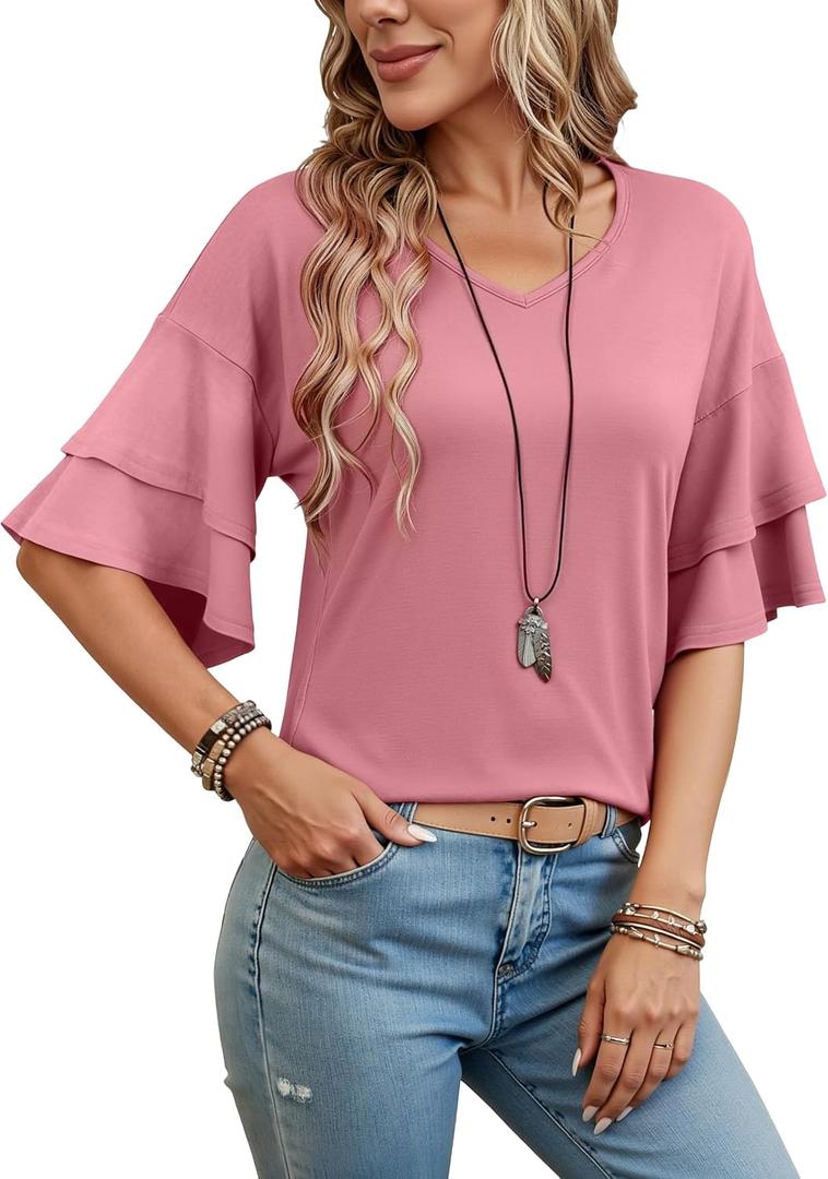 Ruffle Sleeve Tops for Women 2026 Casual V Neck T Shirts Double Tiered Bell Sleeve Cute Tee Shirt Blouses S-3XL (M)