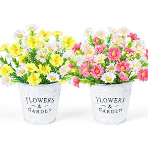 2 Pack Daisies Mason Jar Table Centerpiece, Artificial Flowers Fake Colorful Daisy Plant UV Resistant Greenery Shrubs Plants for Spring Indoor Outdoor Hanging Planter Home Garden Wedding Window Decor
