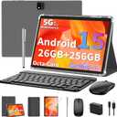 Android 15 tablet with keyboard, 26GB RAM+256GB ROM(2TB Expand), 10 inch tablet with 8000mAh Battery, 2.4G/5G WiFi, BT 5.0, 5MP+13MP Dual Camera, Gemini AI, Octa-core, Mouse, Stylus, Case(Silver)