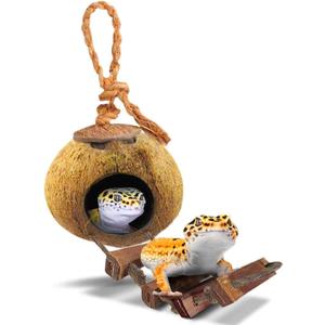 SunGrow Leopard Gecko Coconut Husk Hut with Ladder, with Shell Opening, Cave Habitat with Hanging Loop, 1 Pc per Pack
