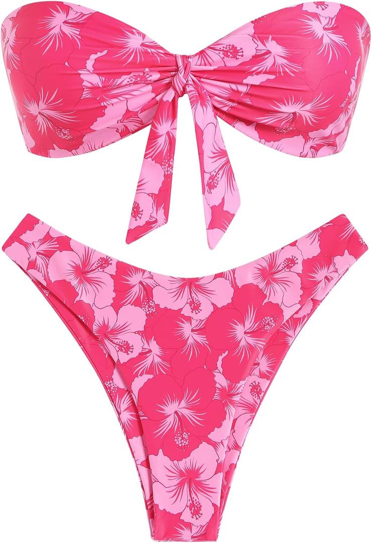 ZAFUL Knotted Bandeau Bikini for Women Strapless Swimsuits High Cut Bathing Suit Sexy Cheeky Tie Side Swimwears (Small, 0-rose Red Floral)