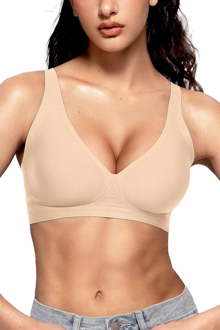 Vertvie Jelly Wireless Bras for Women Push Up Plunge Seamless T-Shirt Bras No Underwire Supportive Full Coverage Bralettes (Medium, Sand)