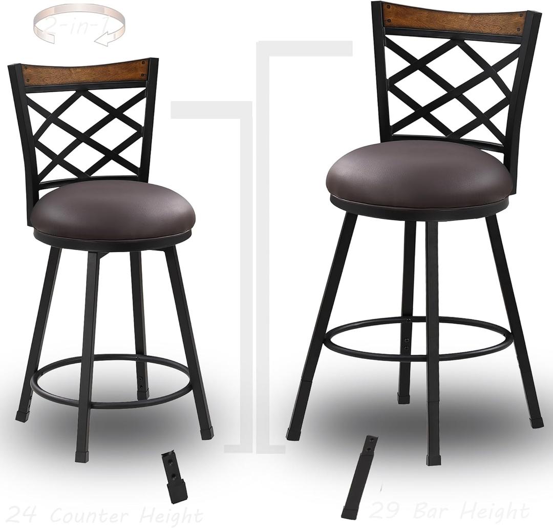 Bar Stools Set of 2, 24/29 Inch Adjustable Seat Height Swivel Bar stools with Back, Upholstered PU Leather Bar Chairs for Kitchen Island, Brown