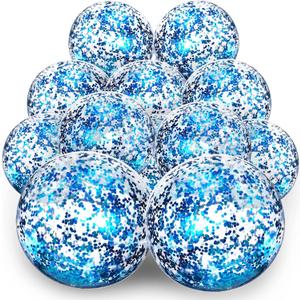 Lewtemi 12 Pcs Inflatable Sequins Beach Balls 24 Inch 16 Inch Giant Confetti Shiny Balls Swimming Pool Beach Toys for Summer Party Decor Glow in The Dark Pool Party(Blue)