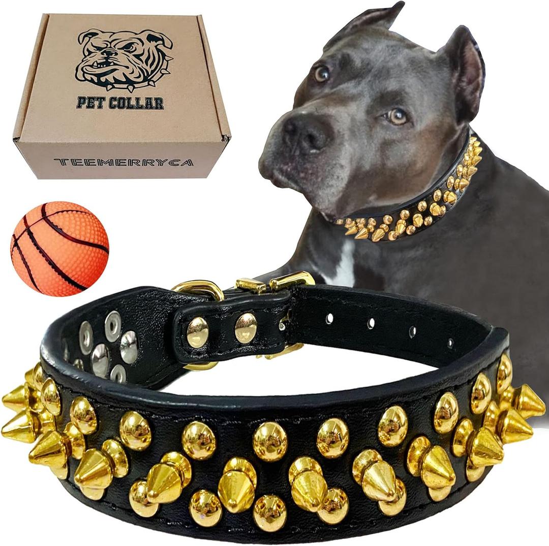 TEEMERRYCA Black Leather Dog Collar with Gold Spikes for Small Medium Large Pets,Pit Bulls/Bulldog, Keep Dog Safe from Grabbing by Huge Dogs,XL(17.7"-20.5")
