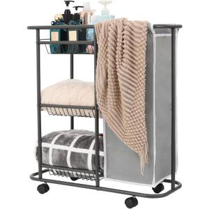 Rolling Laundry Cart with Wheels, 3-Tier Laundry Caddy Between Washer and Dryer, Heavy Duty Rolling Laundry Basket with 45L Bag for Narrow Space Laundry Room, Bathroom, Bedroom, Gray (Grey)