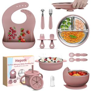 13 Pack Silicone Baby Feeding Set, BPA-Free Stainless Steel Toddler Feeding Supplies, Include Suction Plates, Baby Bowls, Silicone Fork & Spoon, and More, First Stage Baby Dish Set - 6+ Months