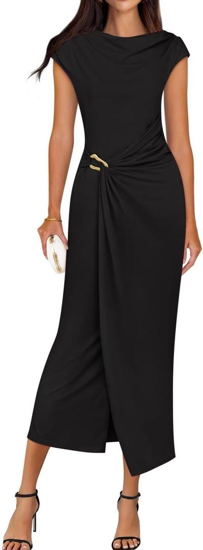 ZESICA Women's 2025 Summer Mock Neck Casual Bodycon Dress Cap Sleeve Elegant Cocktail Party Long Midi Dresses (S, Black)