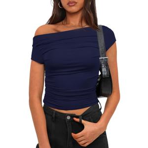 Darong Women's Summer Cap Sleeve Boat Neck Off Shoulder Top Going Out Slim Fit Tops Y2K Tight Shirts (Large, Dark Blue) Darong Women's Summer Cap Sleeve Boat Neck Off Shoulder Top Going Out Slim Fit Tops Y2K Tight Shirts (Large, Dark Blue)