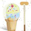 Ice Cream Piata Ice Cream Cone Shaped Piata with Stick Blindfold for Kids Birthday Summer Candy Theme Girls Baby Shower Beach Wedding Party Supplies Decorations, 15.8 x 9.5 Inch(Khaki)