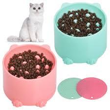 TranRantic 2 Pcs Raised Slow Feeder Cat Bowl, Plastic Elevated Cat Slow Feeder Bowl with AntiSkid Mat, Raised Slow Cat Feeder for Dry and Wet Food (Green＆Pink)