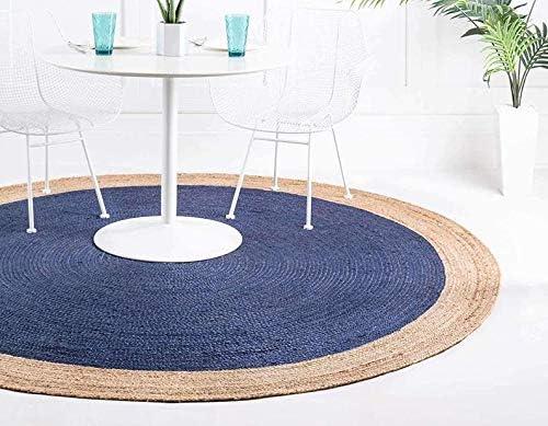 Rug Round Natural Jute Hand Woven Braided Area Rug Beige Blue Color Carpet (2x2 Feet Round)