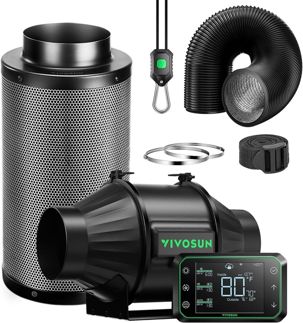 VIVOSUN Smart Air Filtration PRO T4 Kit 4", AeroZesh T4 Inline Duct Fan w/GrowHub E42A Temp. Humidity WiFi-Controller, Carbon Filter & Ducting, Cooling & Ventilation System for Grow Tent, Hydroponics (Black) VIVOSUN Smart Air Filtration PRO T4 Kit 4", AeroZesh T4 Inline Duct Fan w/GrowHub E42A Temp. Humidity WiFi-Controller, Carbon Filter & Ducting, Cooling & Ventilation System for Grow Tent, Hydroponics (Black)