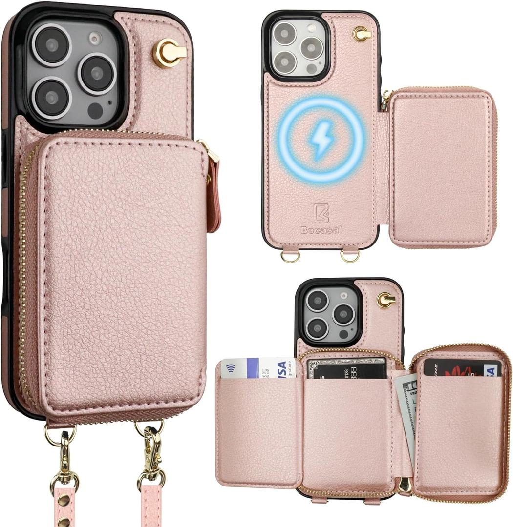 Bocasal for MagSafe Crossbody Wallet Case Compatible with iPhone 16 Pro, RFID Blocking Protective Purse Case with Card Slots Holder Kickstand Wrist Strap Lanyard Zipper 6.3 Inch 5G (Rose Gold)