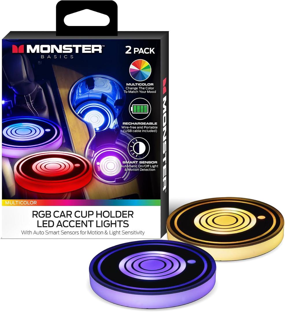 Monster Multicolor LED Cup Holder Lights, 2-Pack of Smart Color Changing Car Coasters, Motion Detecting Xtreme Smart Sensors, On by Night/Off by Day,Rechargeable,15 Days of Power with 2 Hours Charge