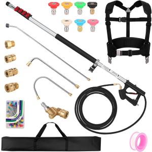 FIDISP 24 FT Telescoping Pressure Washer Wand, Gutter Cleaning Tool with Power Washer Extension Wand, Pivoting Coupling, 7 Nozzle Tips, 4 Adapters, Upgraded Support Belt for Gutter Window Wall Eaves