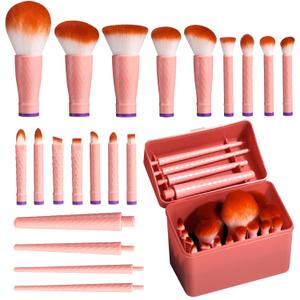 BS-MALL Travel Makeup Brushes Professional and Durable 16-Piece Set Detachable Rotating Handles, Eco-Friendly Design, Comes with Storage Barrel (Orange Case)