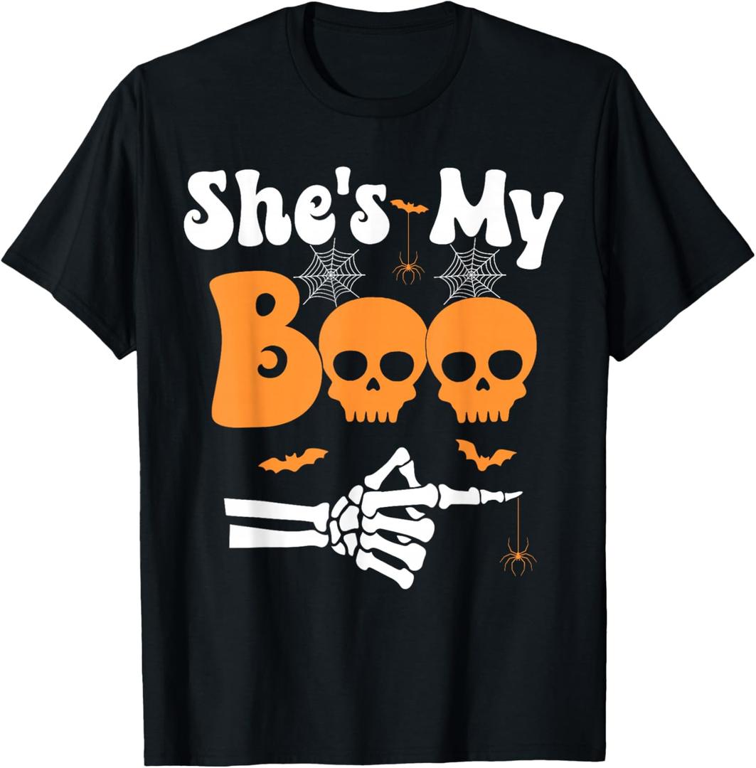 Shes My Boo Skeleton Couples Matching Couple Halloween T-Shirt, Black, Size L